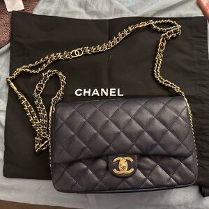 Authentic Chanel Quilted Caviar Leather single Flap Shoulder Bag in Navy cc you